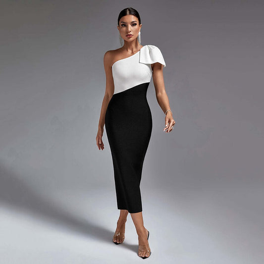 One Shoulder Bow Black & White Tight Bandage Mid Dress