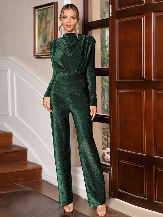 Standing Neck Long Sleeve Reflective Sequin Maxi Jumpsuit