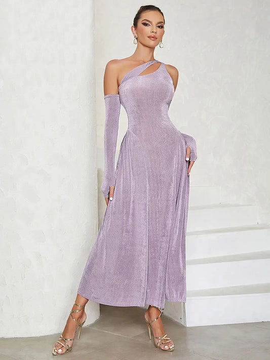 Velvet Diagonal Neck & Shoulder Sleeve Design Slim Fit Mid Dress