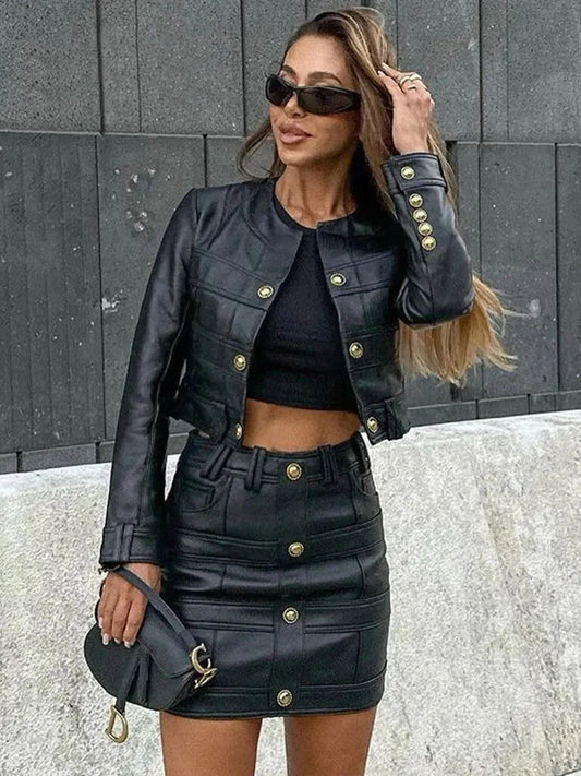 PU Faux Leather O-Neck Long Sleeve Single Breasted Jacket Mini Skirt Set