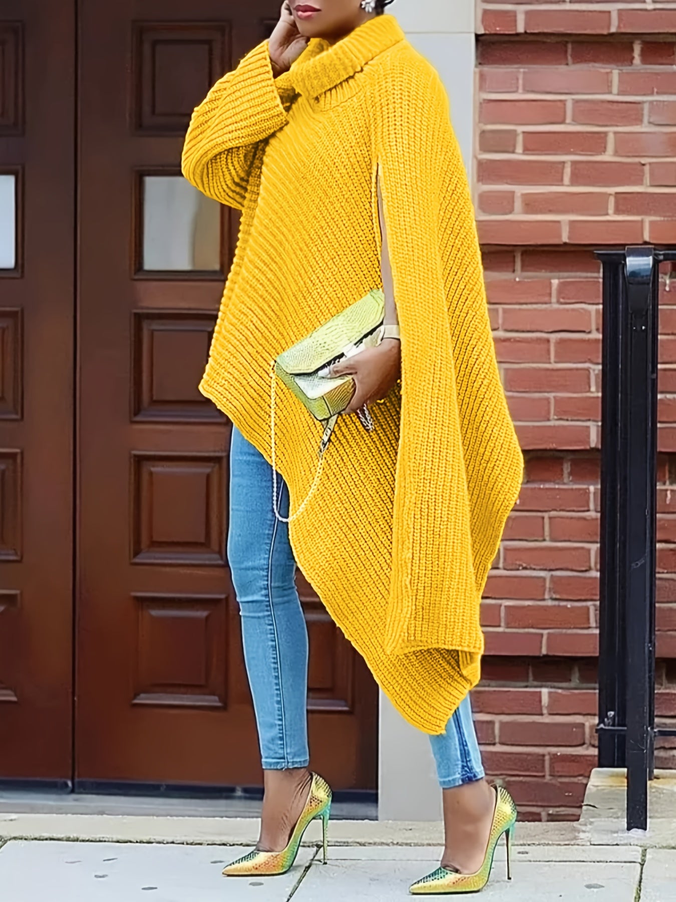 Asymmetrical Hem Turtle Neck Split Long Sleeve Knitted Pullover