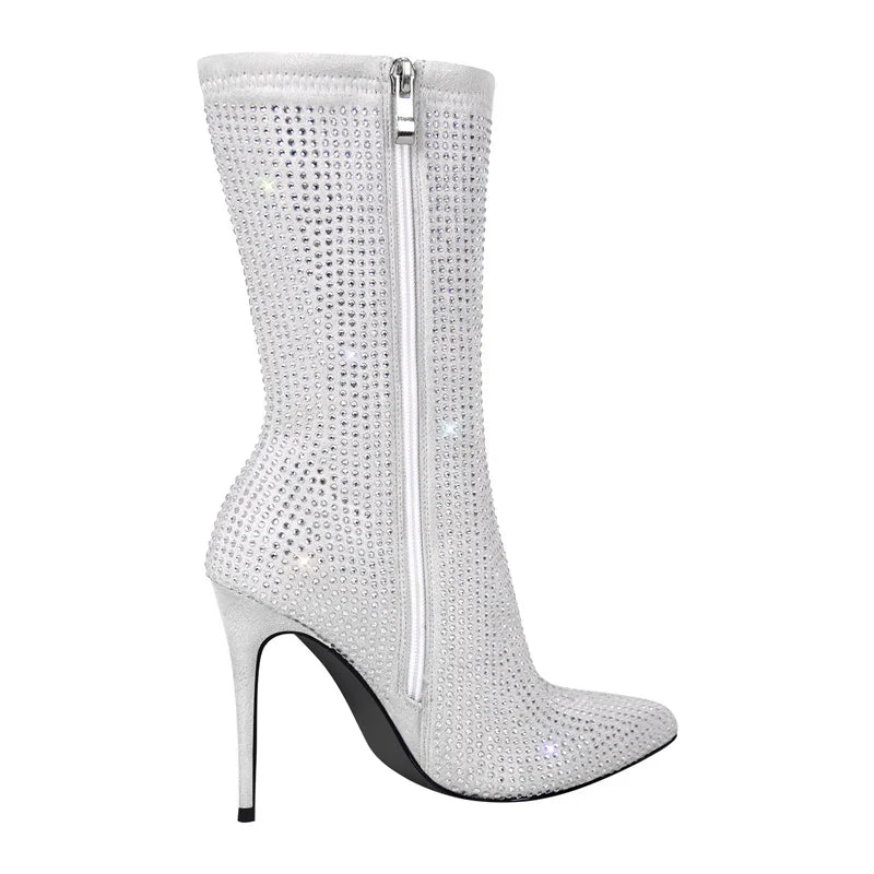 Pointed Toe Rhinestone Thin High Heel Side Zipper Ankle Boots