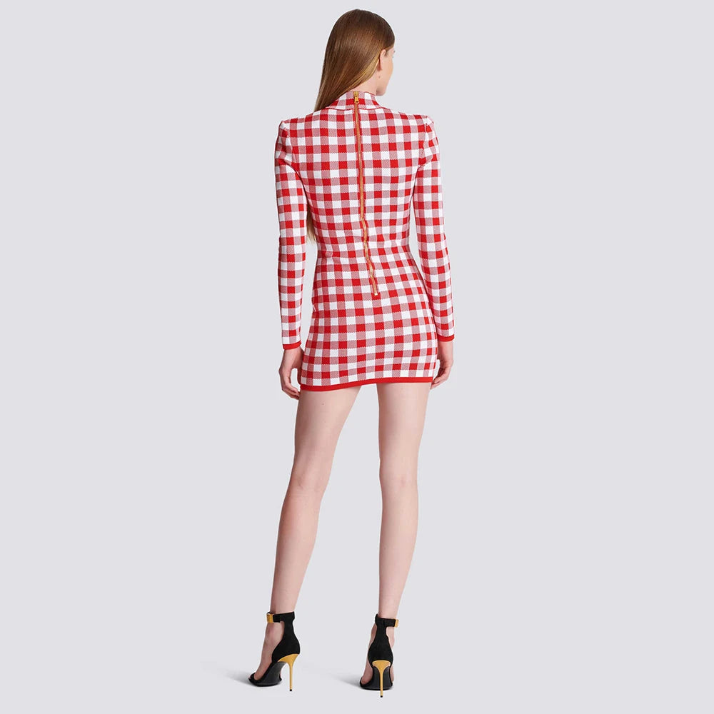 Long Sleeve Button Checked red Jacquard Tight Mini Bandage Dress