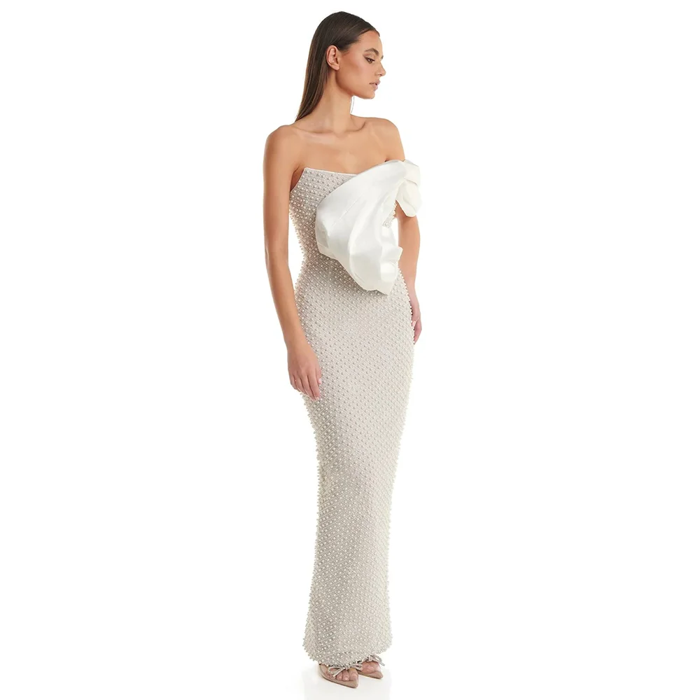 Slash Neck Off Shoulder Sleeveless Pearl Tight Maxi Dress