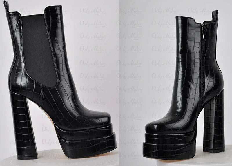 Round Toe Double Platform Side Zipper Chunky High Heels Ankle Boots