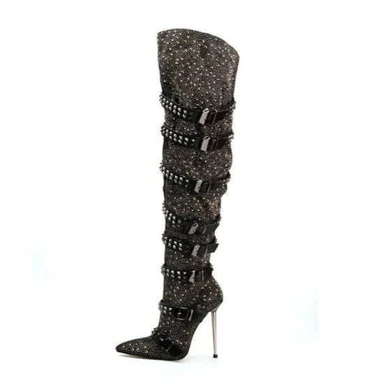 Rhinestone Rivet Buckle Strap Thigh High Heel Over The Knee Boots