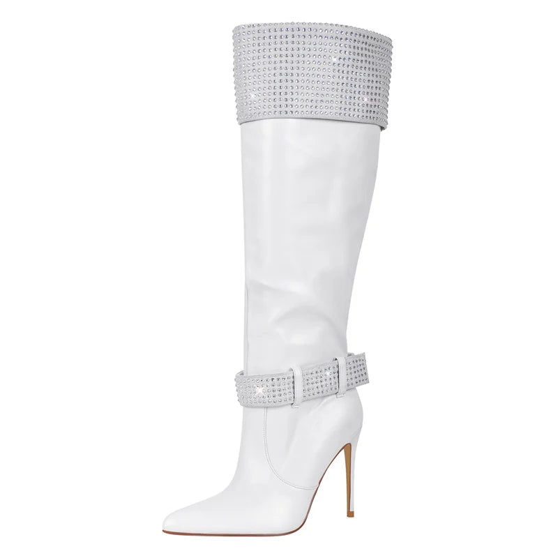 Rhinestone Pointed Toe Buckle Strap Knee High Boots