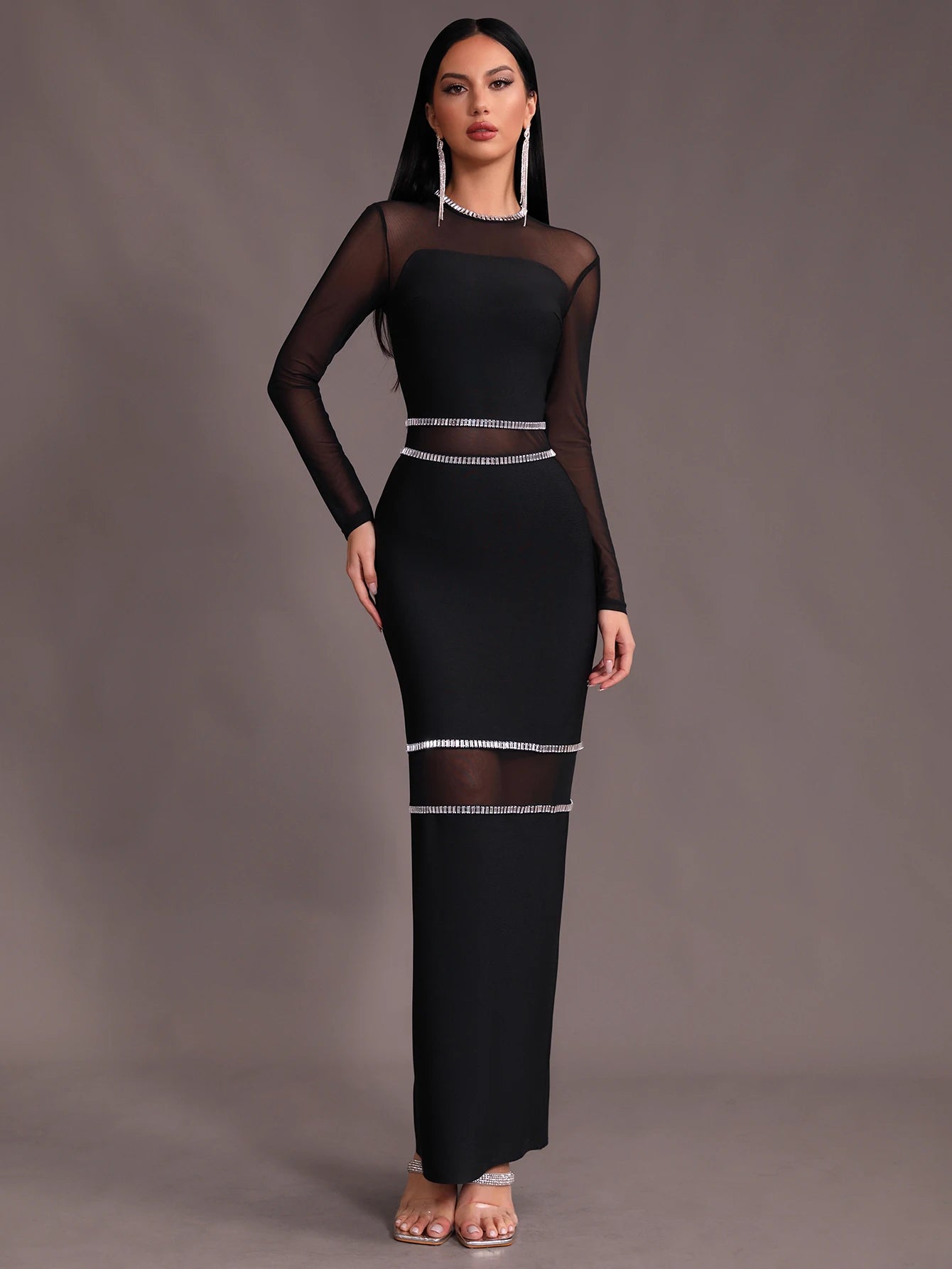 O-Neck Mesh Diamond Decor Tight Bandage Maxi Dress