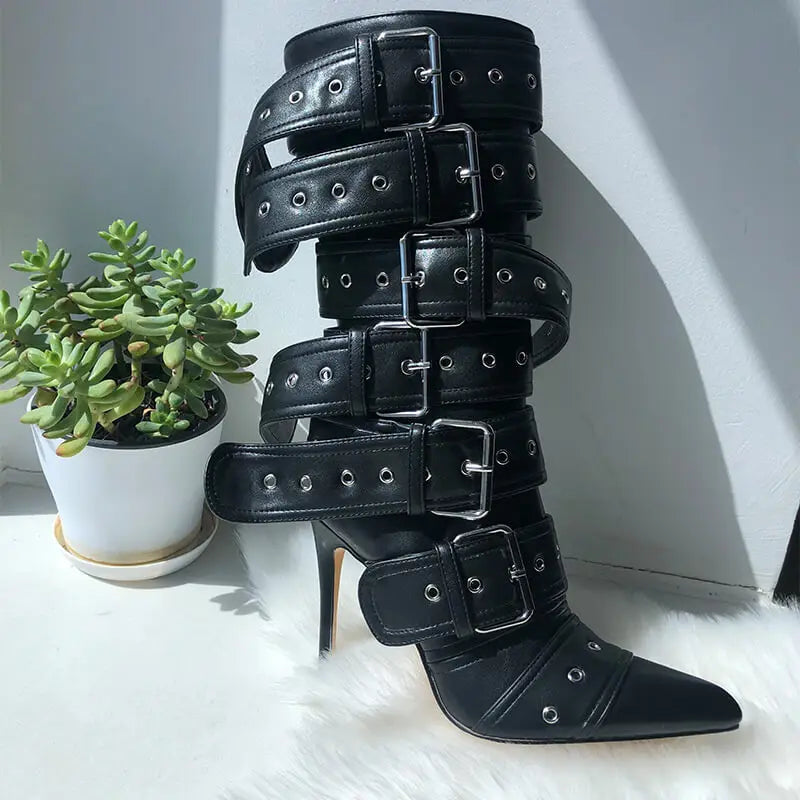 Multiple Buckle Strap Thin High Heel Zipper Side Pointed Toe Mid Boots