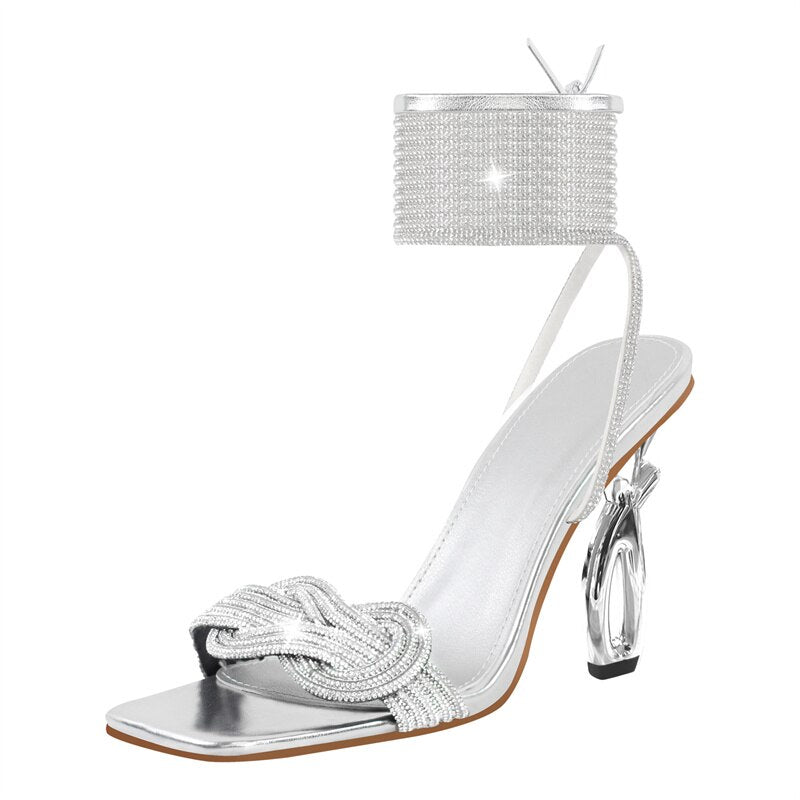 Rhinestone Square Toe Ankle Strap Metal Heel Sandals