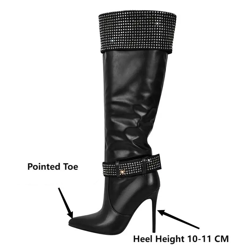 Rhinestone Pointed Toe Buckle Strap Knee High Boots