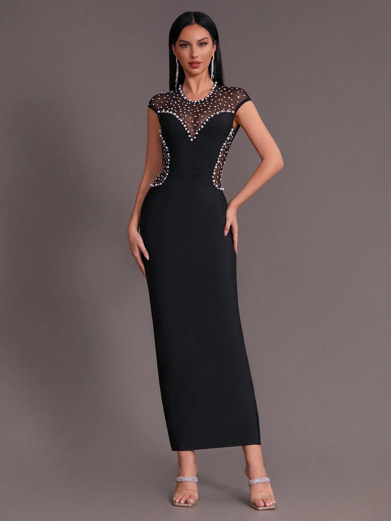 Sleeveless Backless Diamond Pearl Mesh Tight Maxi Bandage Dress