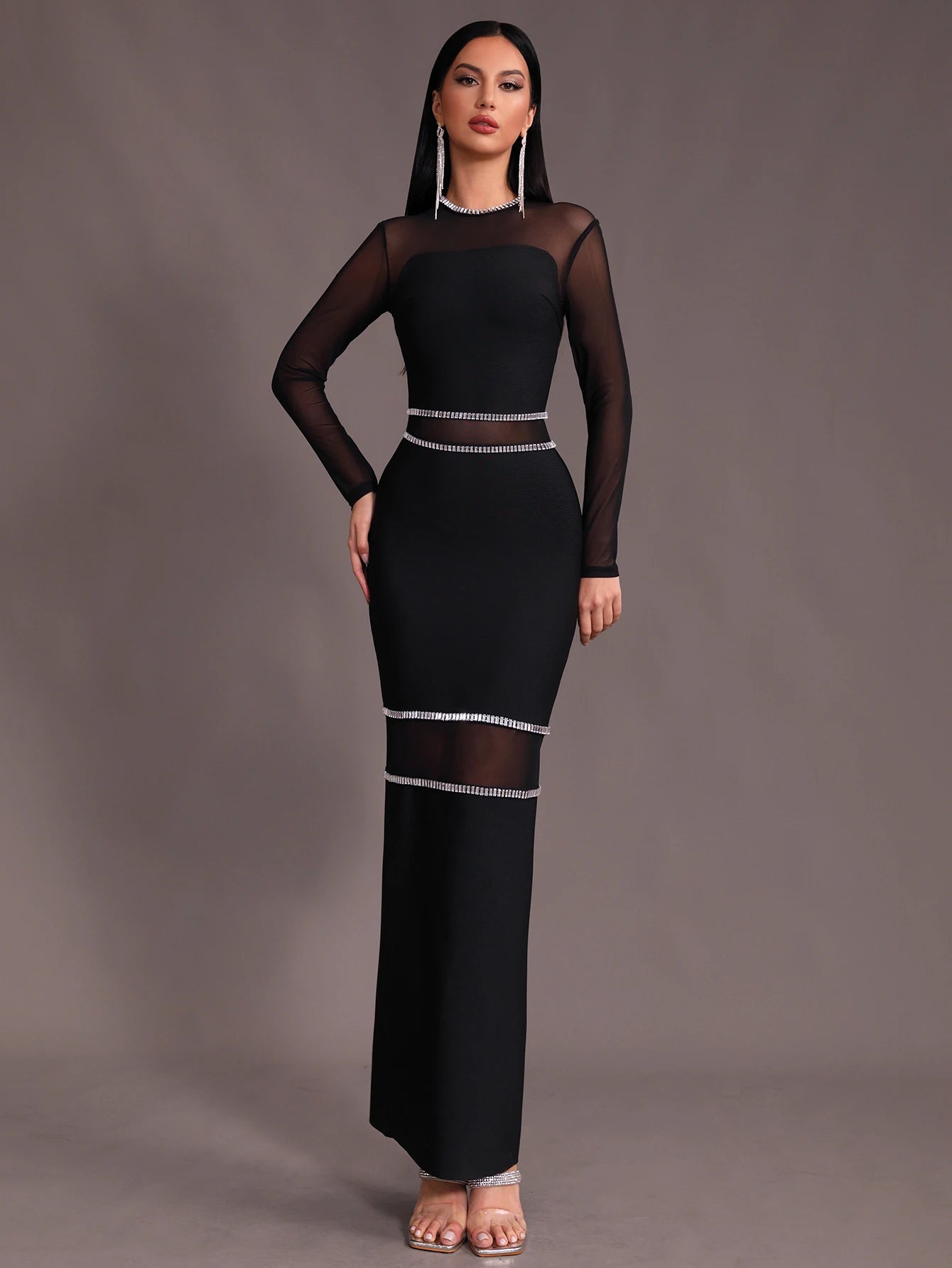 O-Neck Mesh Diamond Decor Tight Bandage Maxi Dress