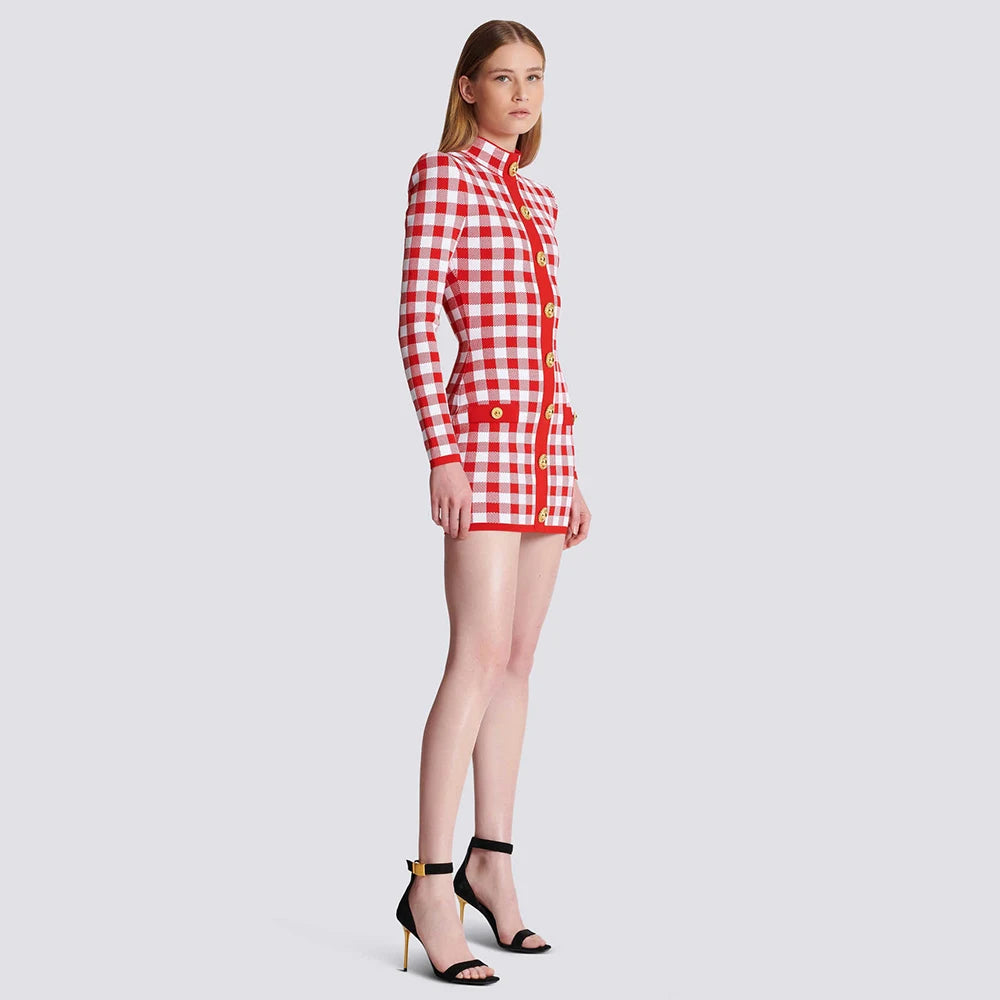 Long Sleeve Button Checked red Jacquard Tight Mini Bandage Dress