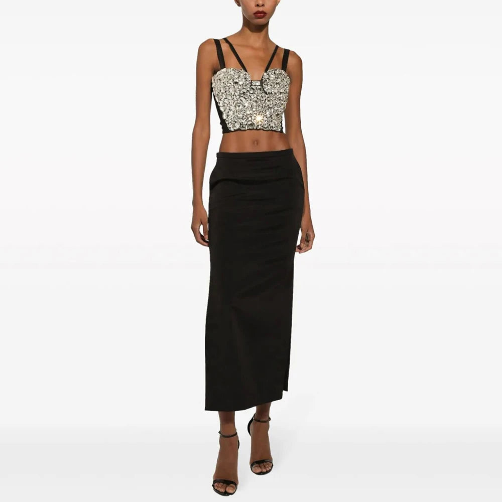 Diamond Decor Mini Top Bandage Tight Maxi Skirt Set