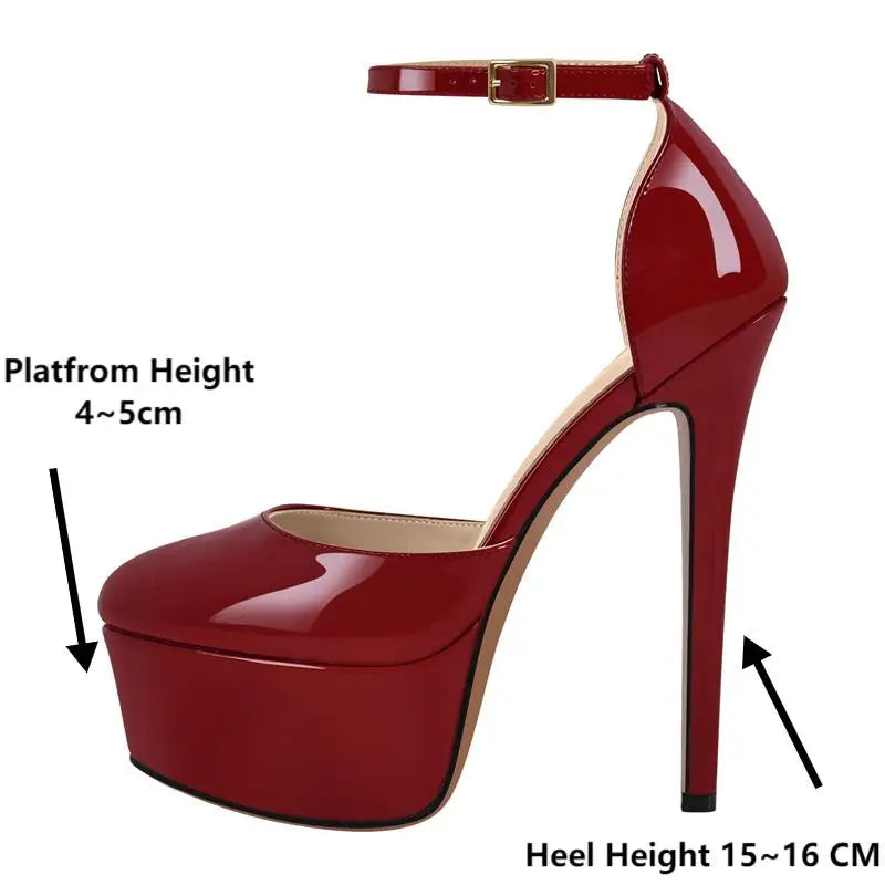 Platform Pumps Round Toe Ankle Strap Thin High Heel Shoes