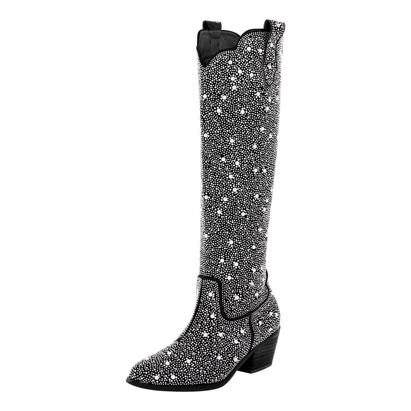 Rhinestone Pearl Round Toe Mid-Calf Chunky Heel Boots