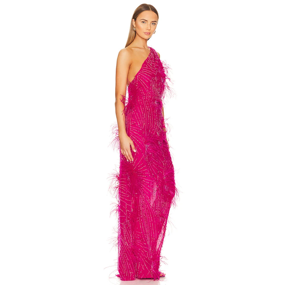 One Shoulder Luxury Diamond Feather Decor Maxi Dress