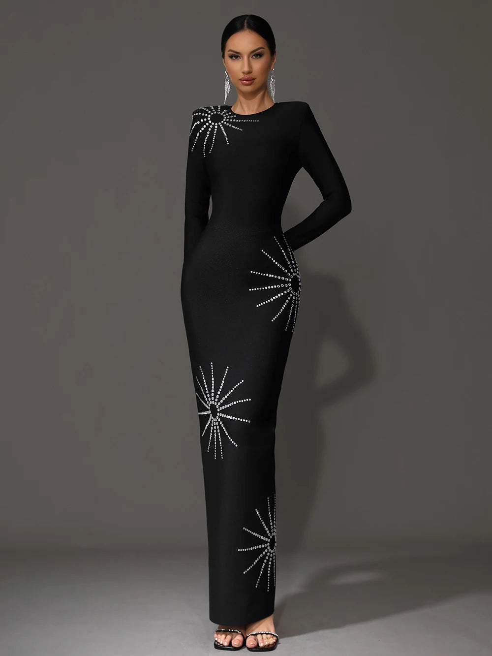 Diamond Long Sleeve Rhinestone Tight Maxi Bandage Dress