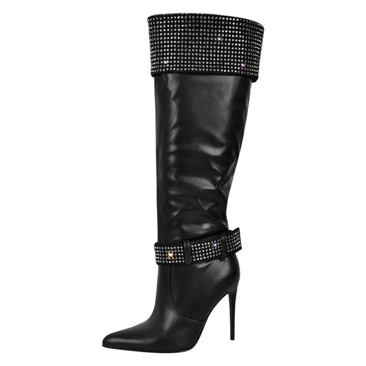 Rhinestone Pointed Toe Buckle Strap Knee High Boots