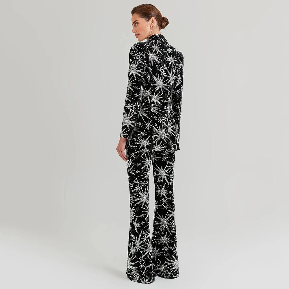 Sequin Print Turn-down Collar Single Button Blazer & Wide Leg Trouser Set