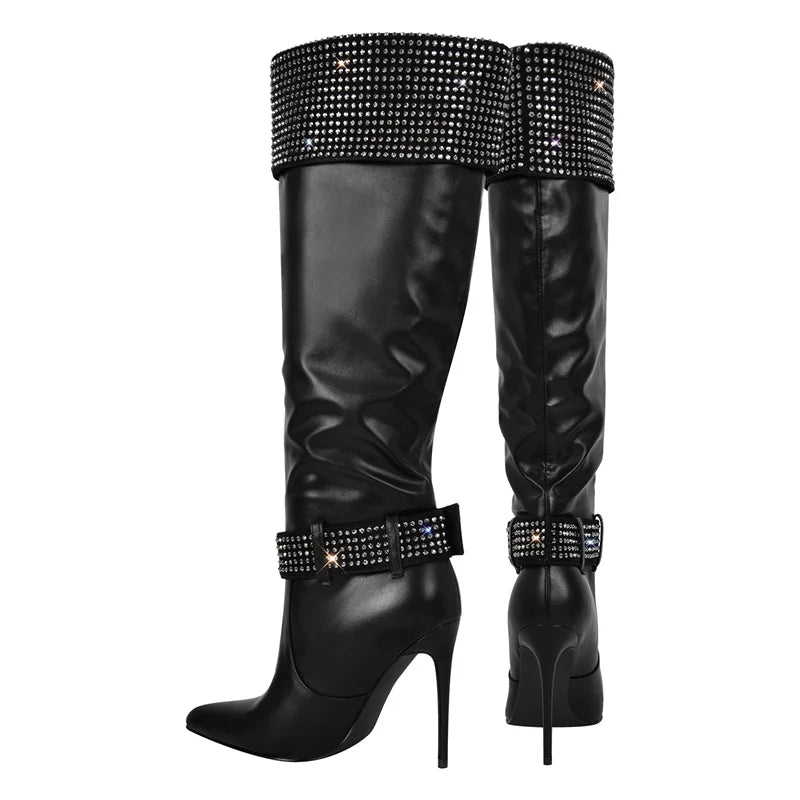 Rhinestone Pointed Toe Buckle Strap Knee High Boots