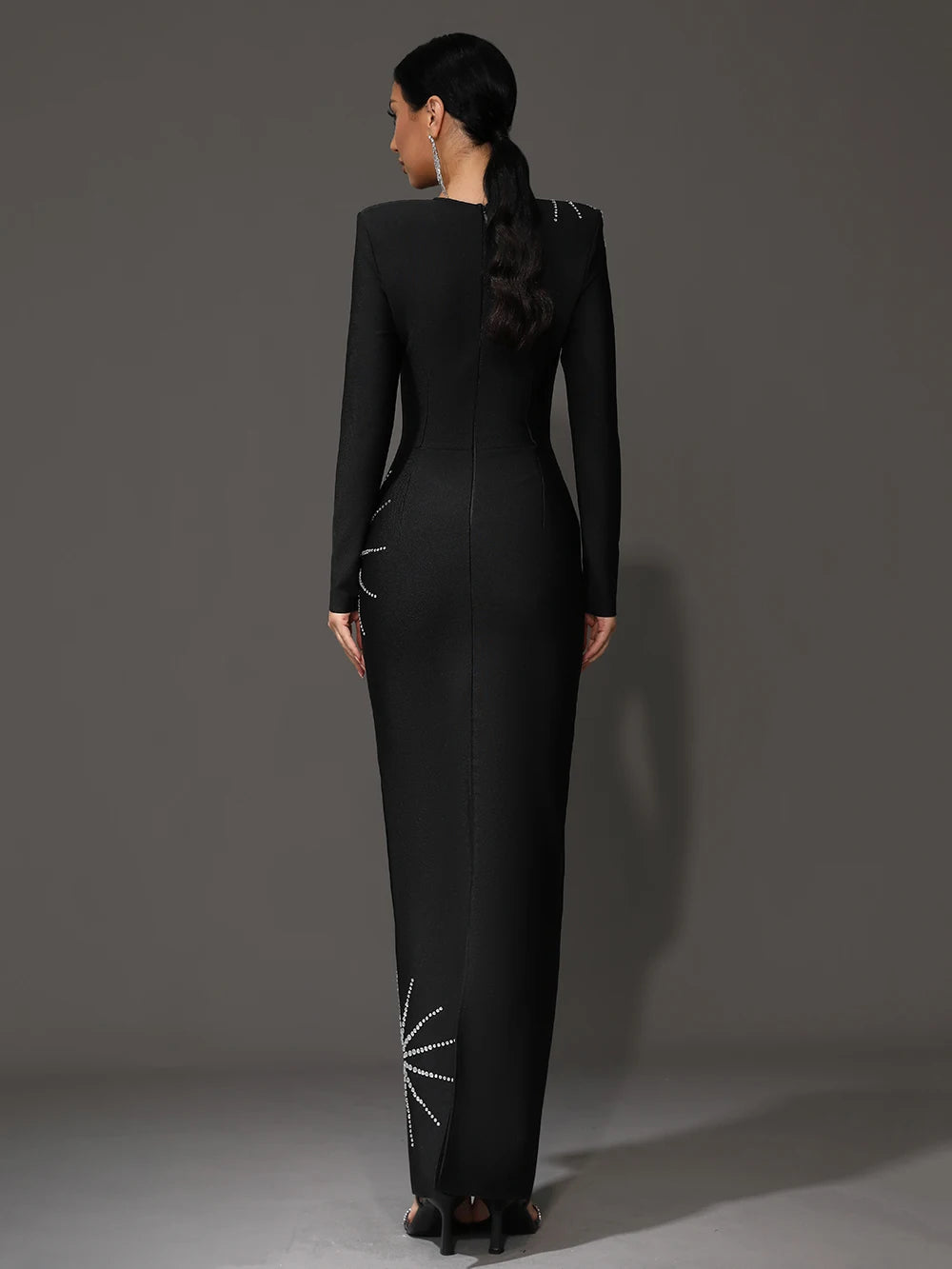 Diamond Long Sleeve Rhinestone Tight Maxi Bandage Dress