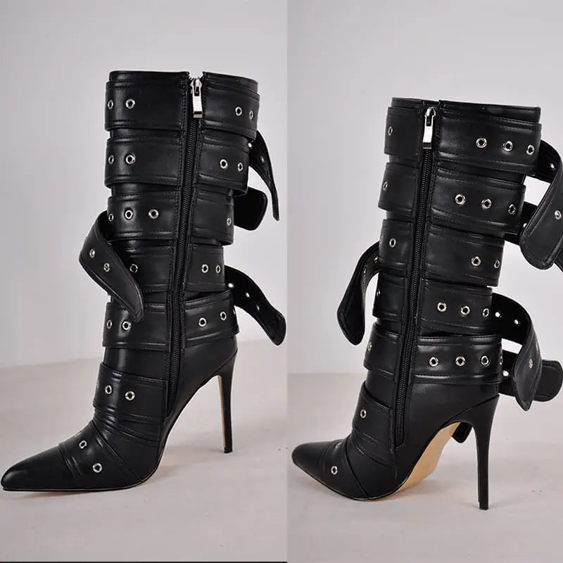 Multiple Buckle Strap Thin High Heel Zipper Side Pointed Toe Mid Boots