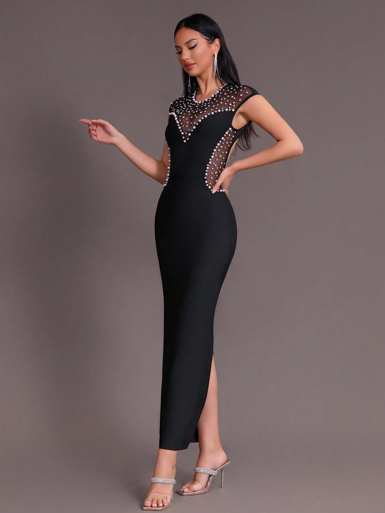 Sleeveless Backless Diamond Pearl Mesh Tight Maxi Bandage Dress