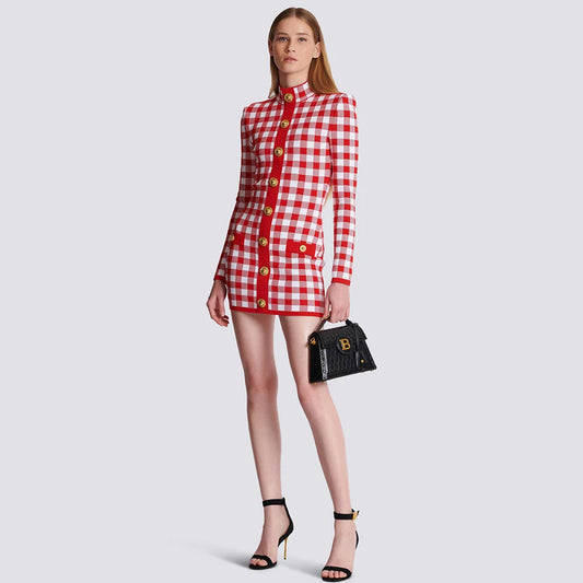 Long Sleeve Button Checked red Jacquard Tight Mini Bandage Dress