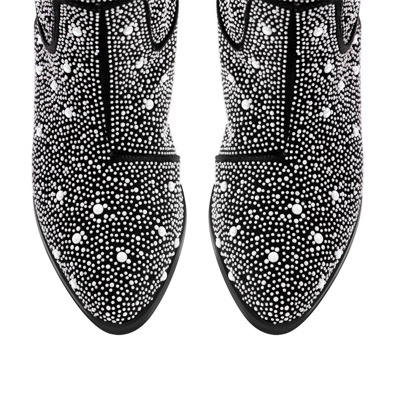 Rhinestone Pearl Round Toe Mid-Calf Chunky Heel Boots