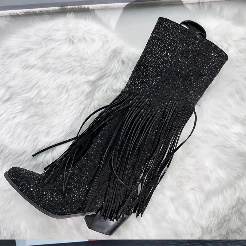 Fringe Wide Calf  Pointed Toe Block Heel Slip On Knee High Boots