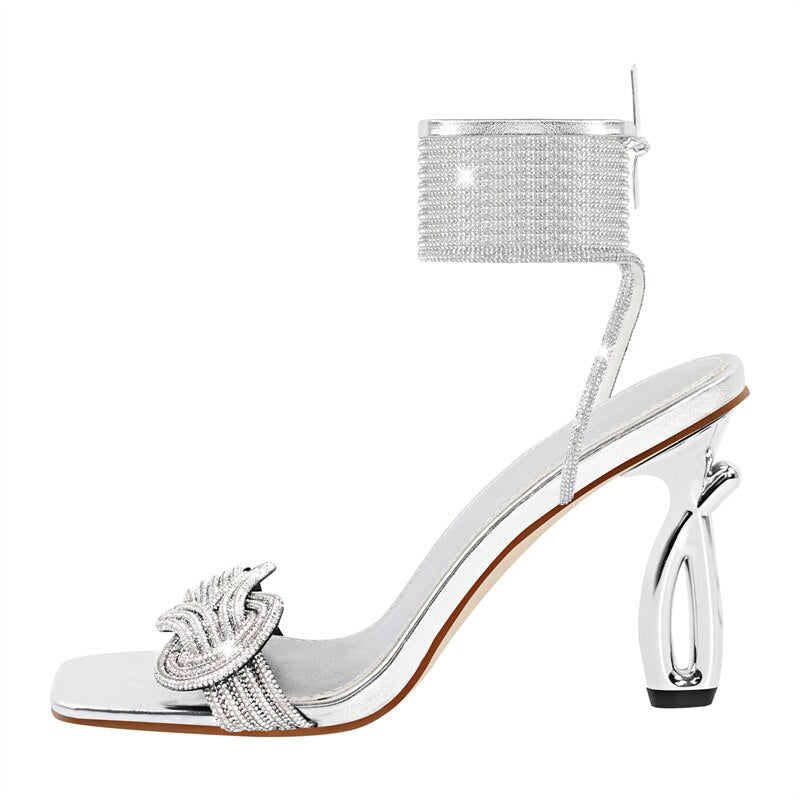 Rhinestone Square Toe Ankle Strap Metal Heel Sandals