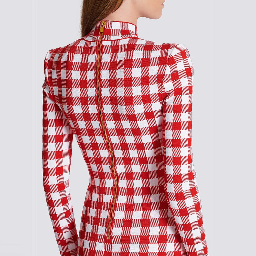 Long Sleeve Button Checked red Jacquard Tight Mini Bandage Dress