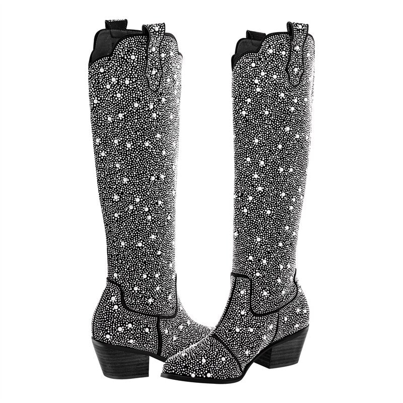 Rhinestone Pearl Round Toe Mid-Calf Chunky Heel Boots