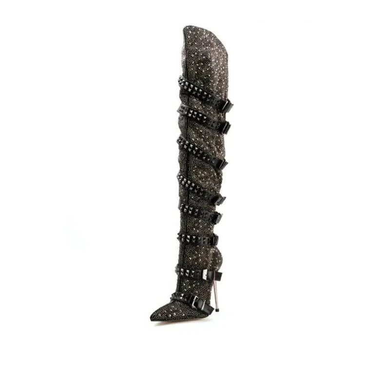 Rhinestone Rivet Buckle Strap Thigh High Heel Over The Knee Boots