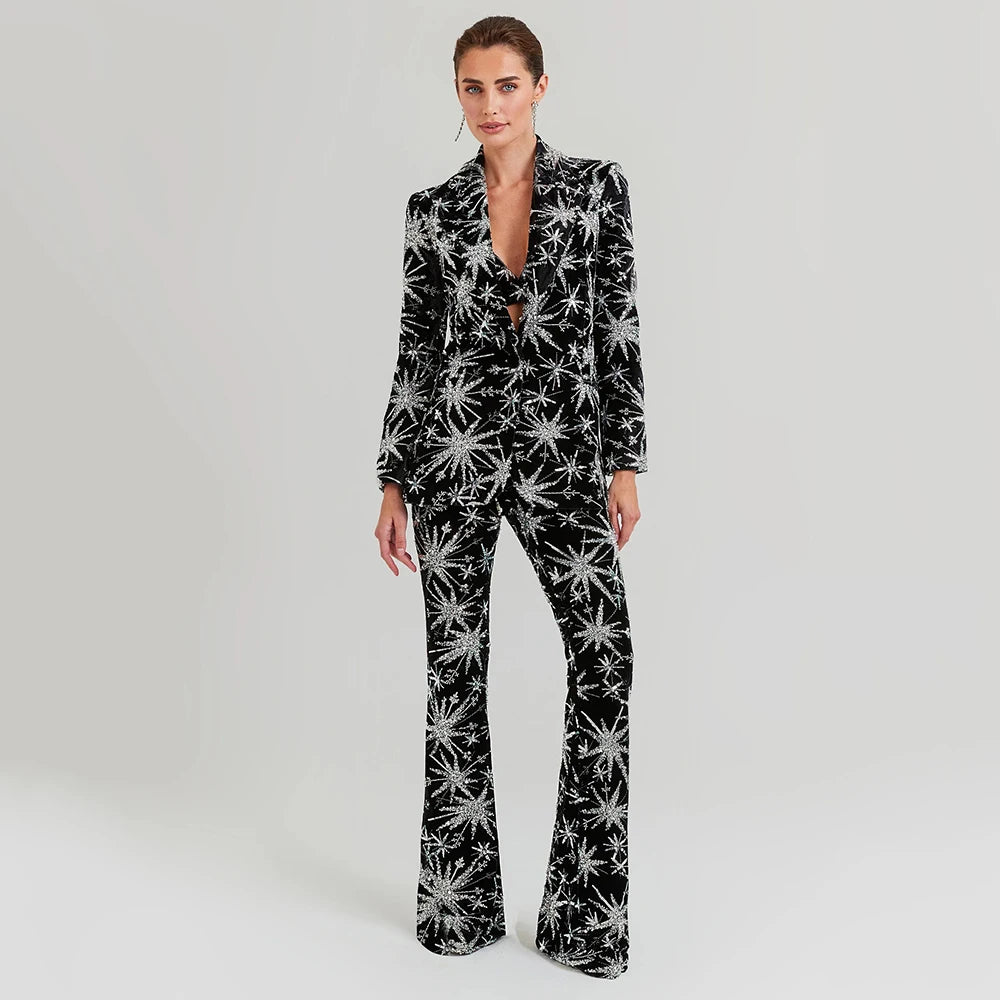 Sequin Print Turn-down Collar Single Button Blazer & Wide Leg Trouser Set