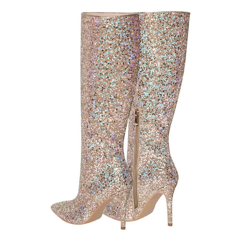 Pointed Toe Glitter Thin High Heels Side Zipper Knee High Boots
