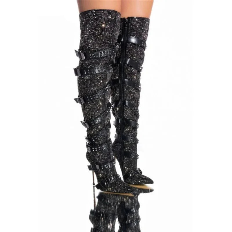 Rhinestone Rivet Buckle Strap Thigh High Heel Over The Knee Boots