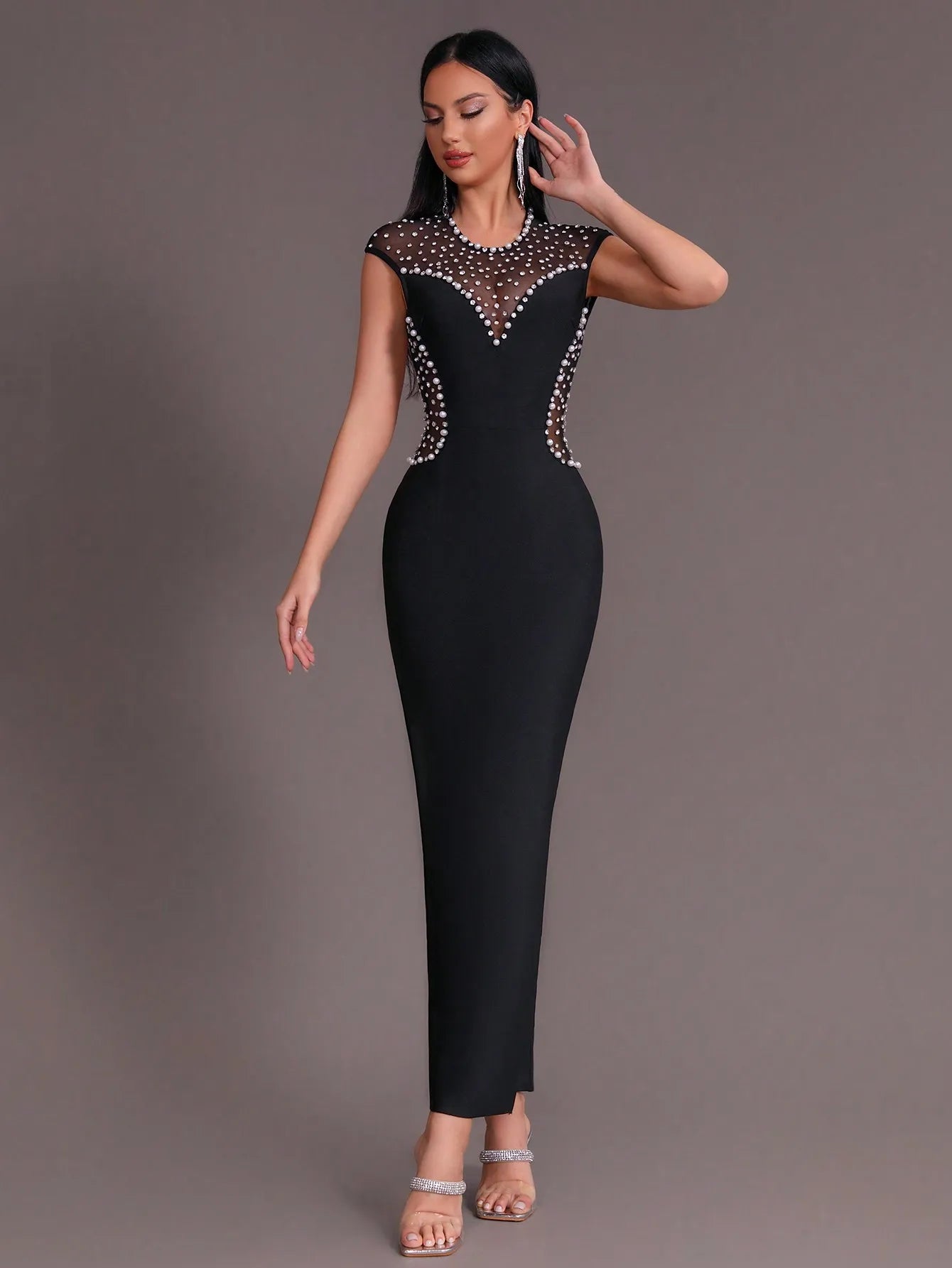 Sleeveless Backless Diamond Pearl Mesh Tight Maxi Bandage Dress