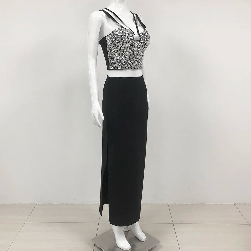 Diamond Decor Mini Top Bandage Tight Maxi Skirt Set