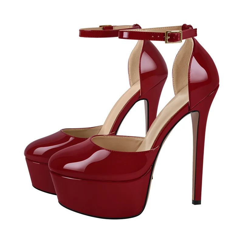 Platform Pumps Round Toe Ankle Strap Thin High Heel Shoes