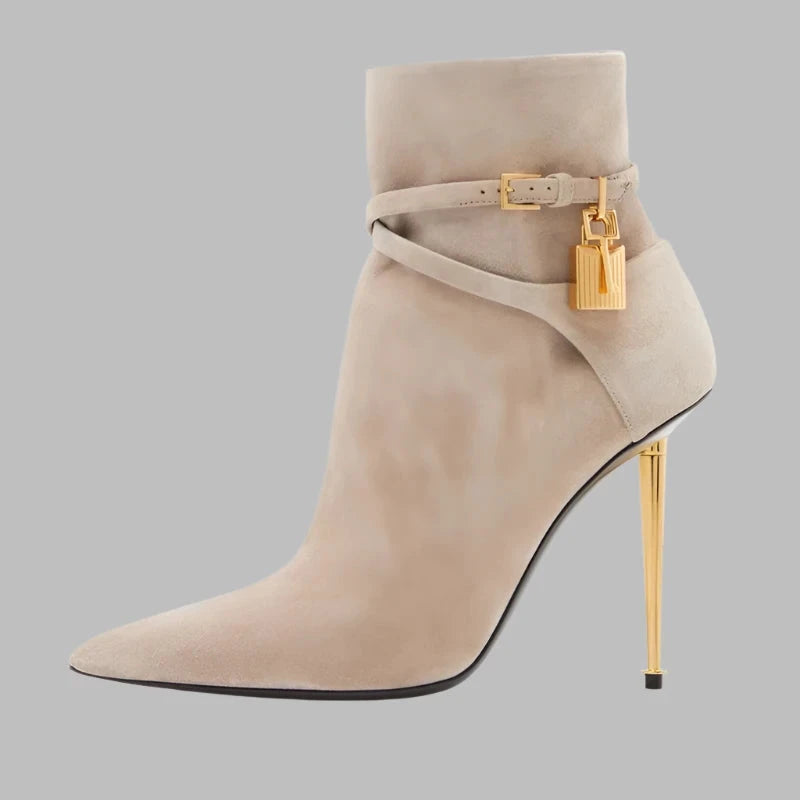 Metal Thin Heels Lock Decor Slip on Pointed Toe Ankle Boots