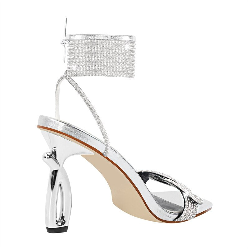 Rhinestone Square Toe Ankle Strap Metal Heel Sandals