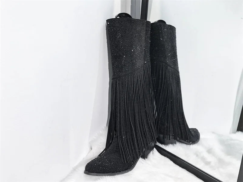 Fringe Wide Calf  Pointed Toe Block Heel Slip On Knee High Boots