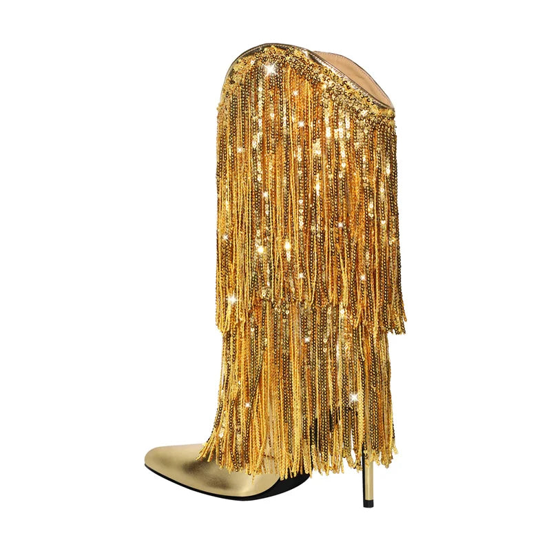 Pointed Toe Sequin Fringe Thin High Heel Mid Boots