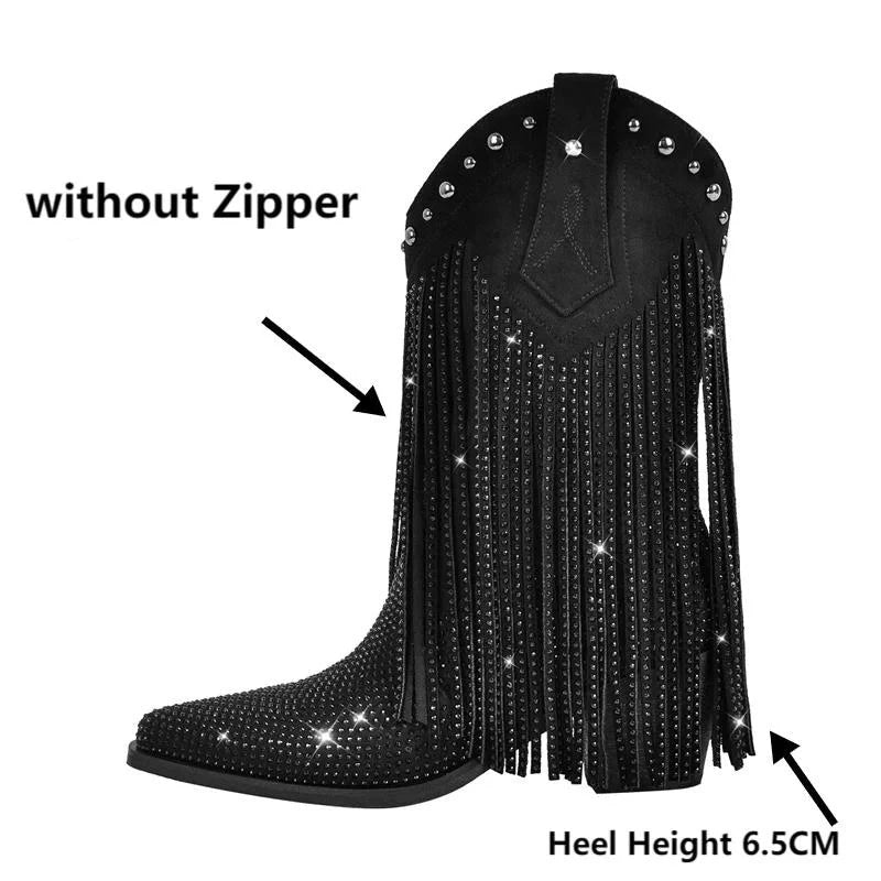 Pointed Toe Rhinestone Bling Pointed Toe Fringe Mid Boots