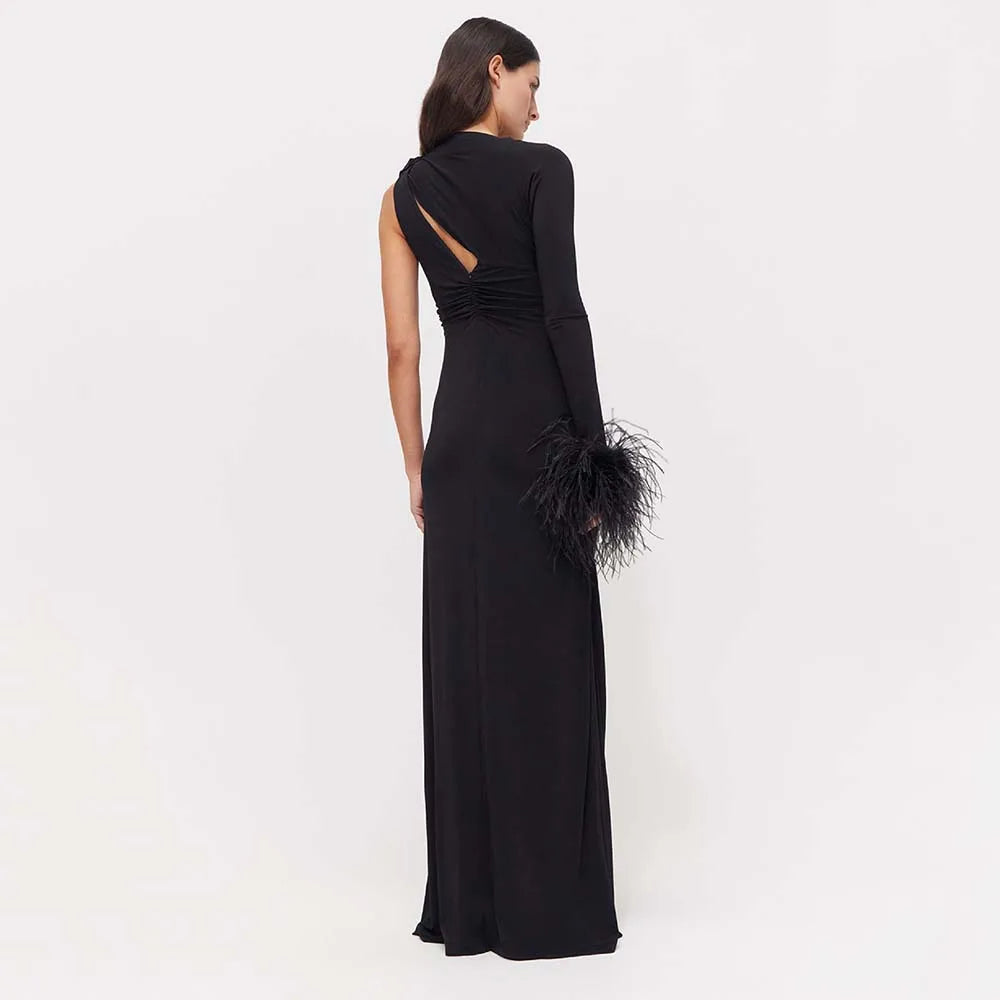 Cut Out Tight Mesh One-Shoulder Long sleeved Maxi Dress