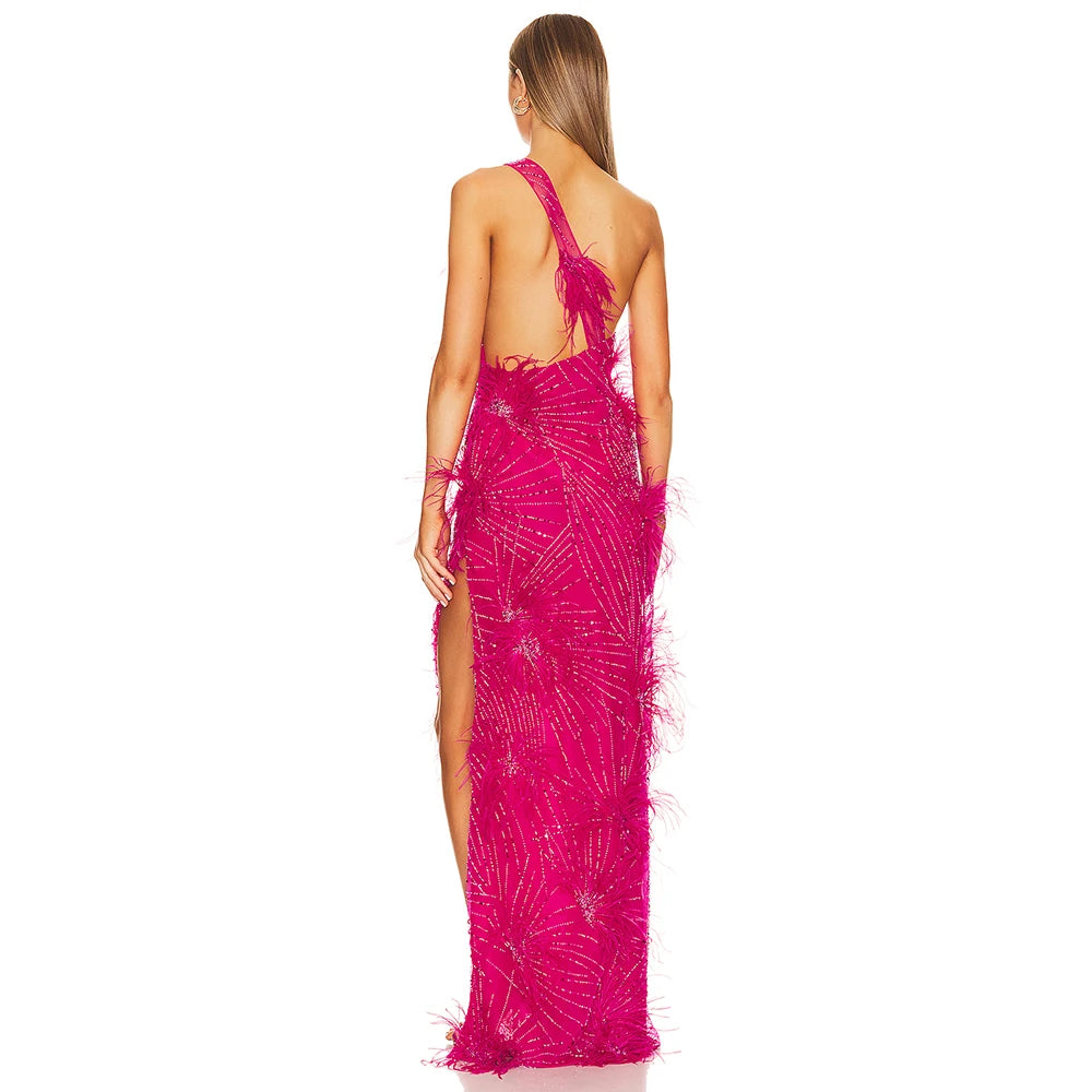 One Shoulder Luxury Diamond Feather Decor Maxi Dress