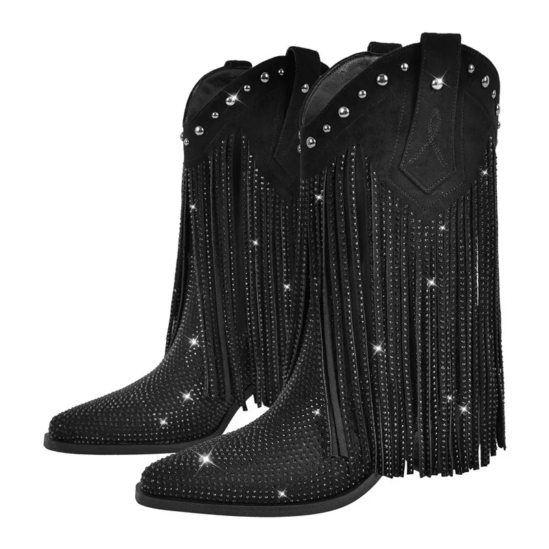 Pointed Toe Rhinestone Bling Pointed Toe Fringe Mid Boots